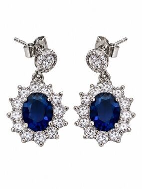 Blue Oval Crystal Halo Dangle Earrings Silver Tone 1 Inch